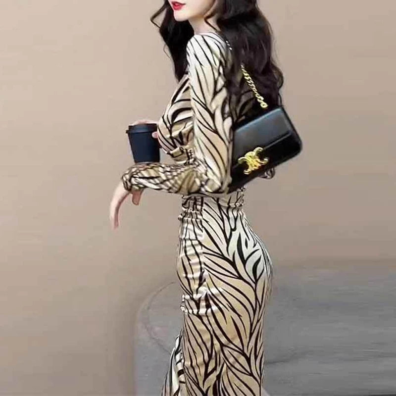 Close-up of sophisticated leopard pattern in champagne tones on midi dress fabric