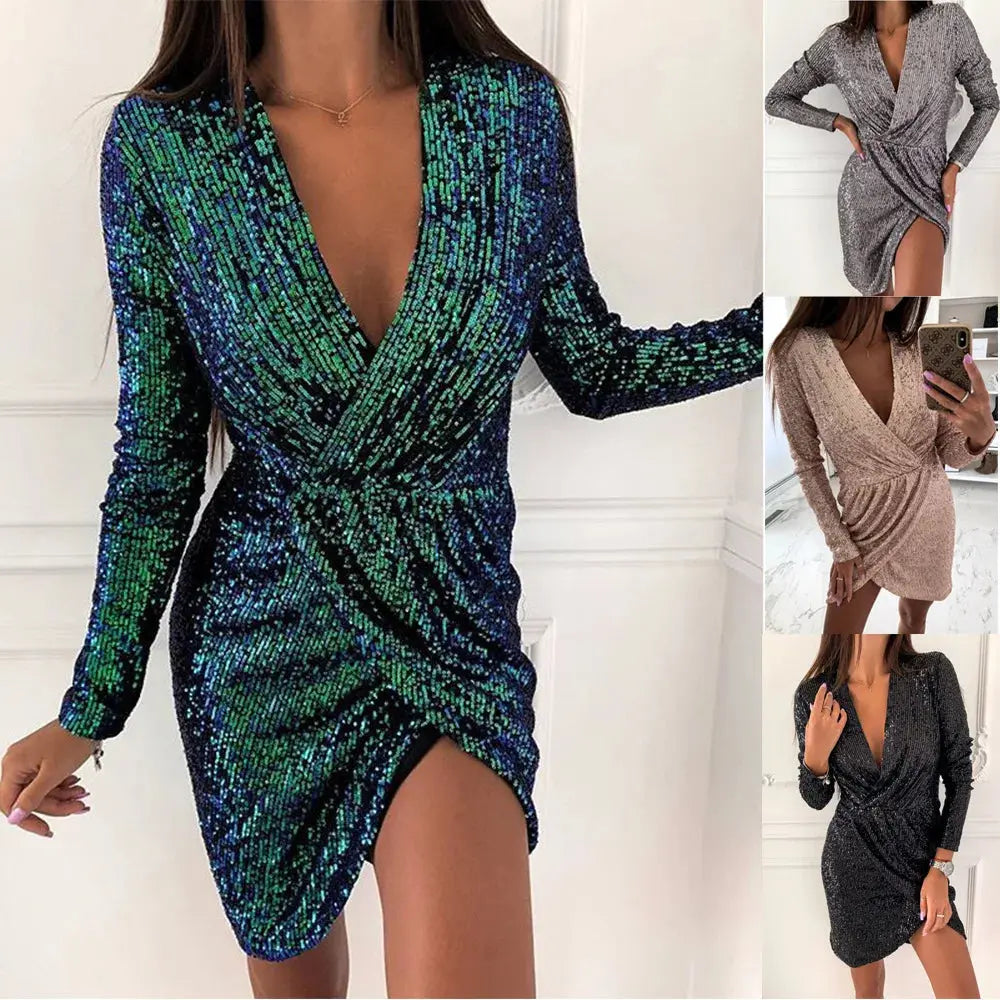 Model wearing Midnight Sparkle Mini Dress, showcasing its form-fitting silhouette.