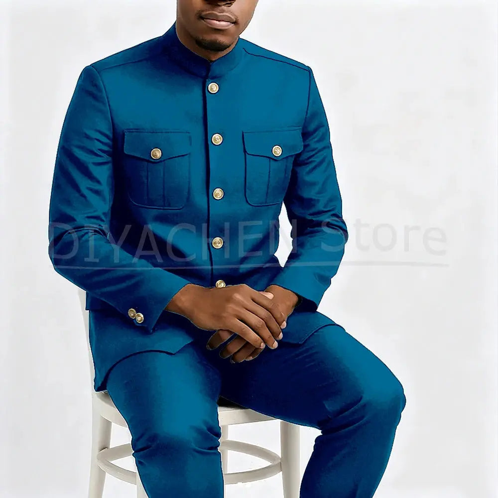 Tailored men's suit in olive green, offering a unique style choice.