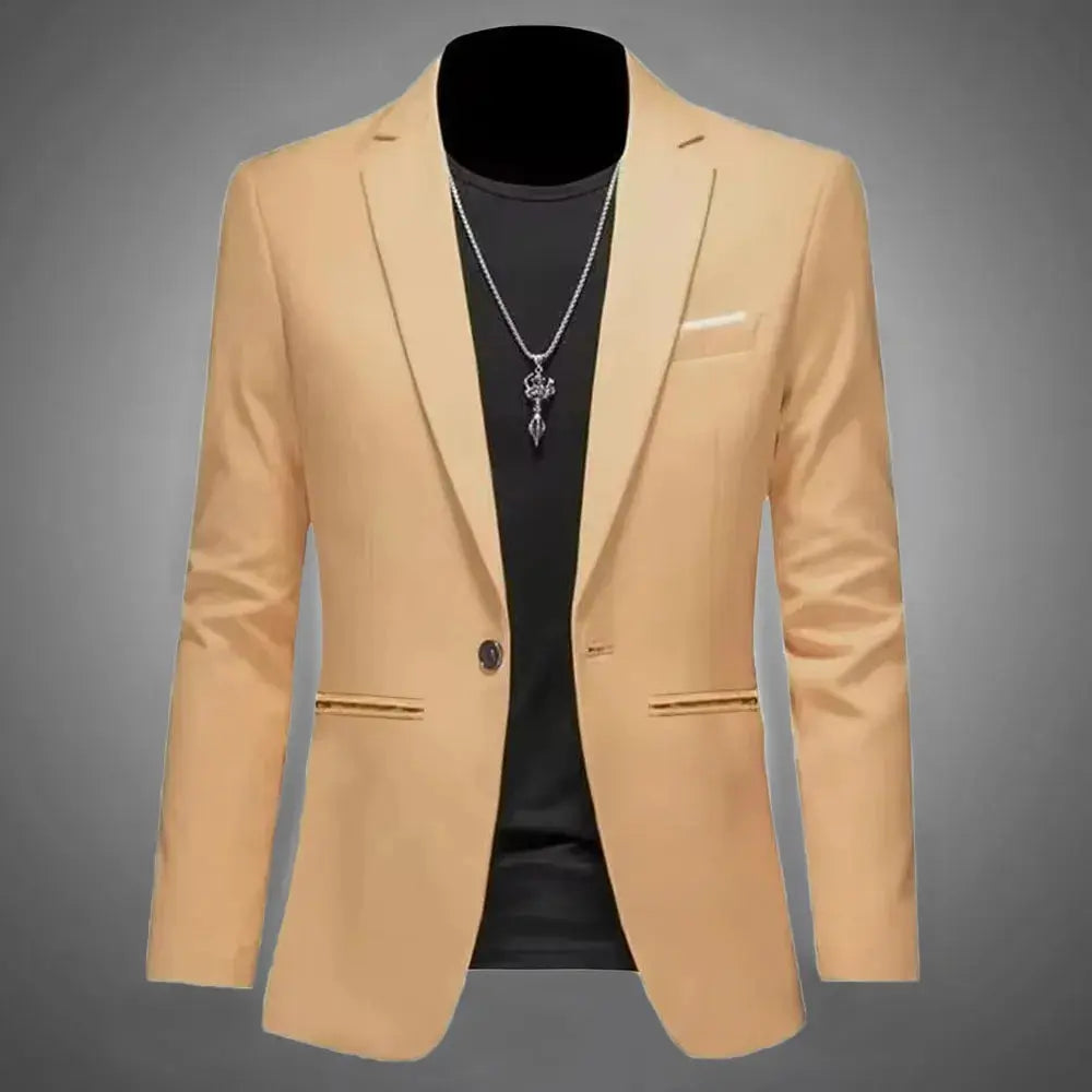 Model wearing the blazer in a business setting, exuding confidence and style.
