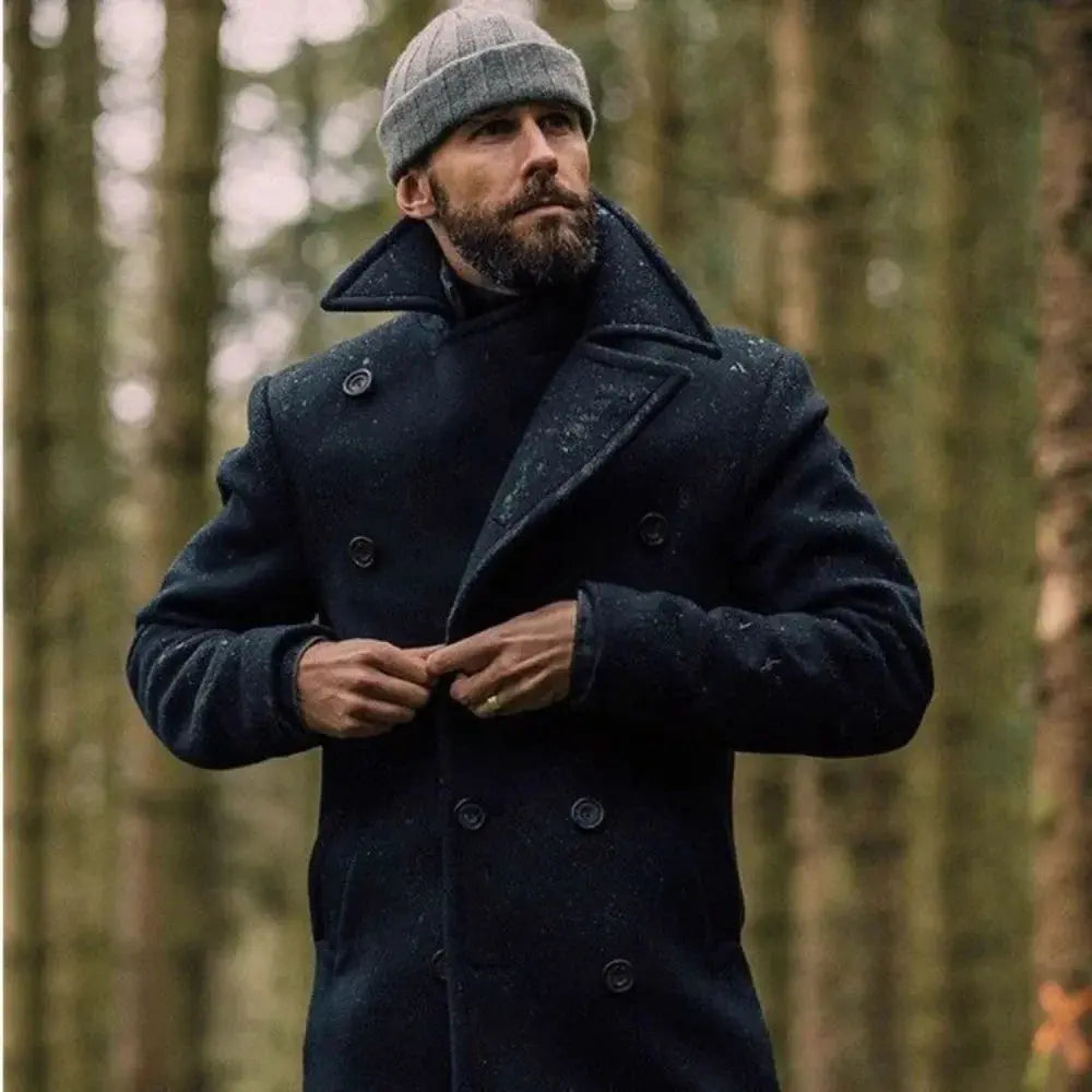 Winter Whisperer Tweed Peacoat in classic gray with double-breasted design and turn-down collar.