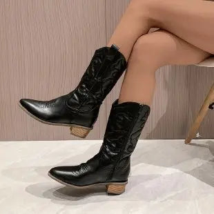 Embroidered mid-calf boots featuring square heel and shock-absorbing insole technology