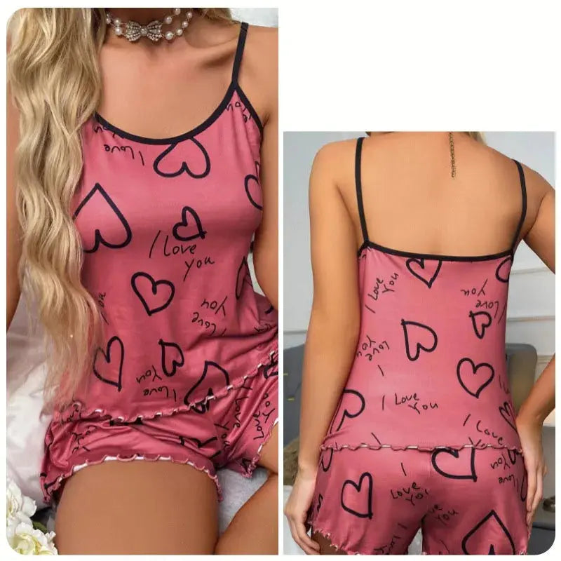 Flat lay of the Whisper-Soft Heart Pajamas Set featuring heart motifs and lightweight fabric.