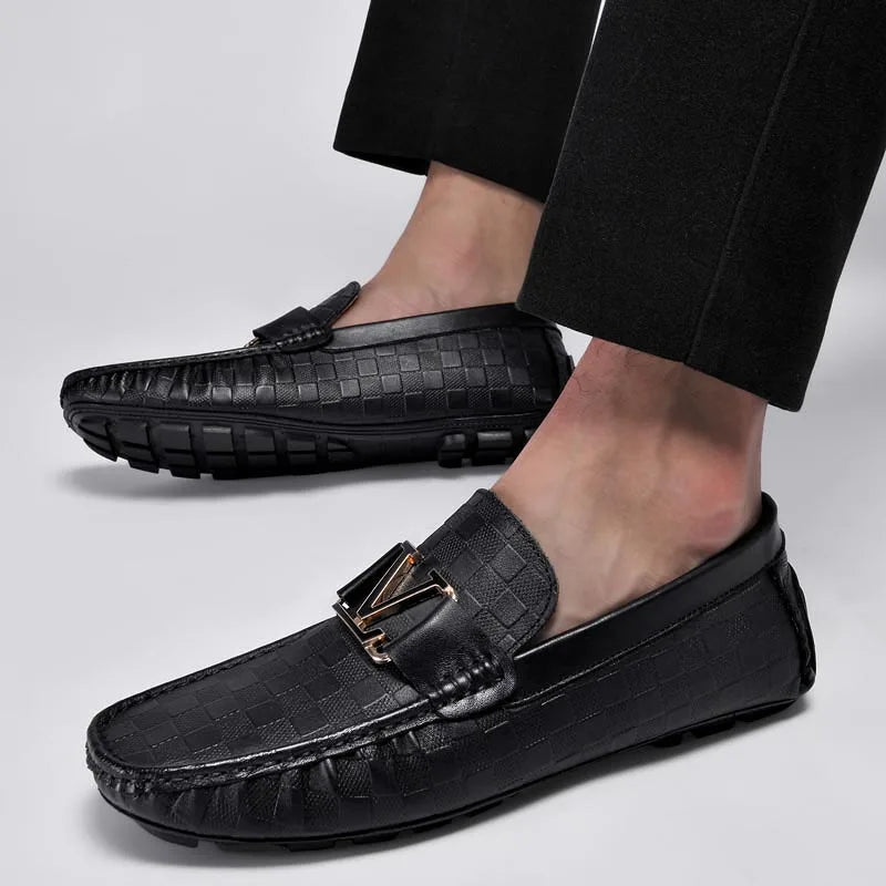Navy crocodile-embossed loafers with genuine leather lining for boardroom meetings
