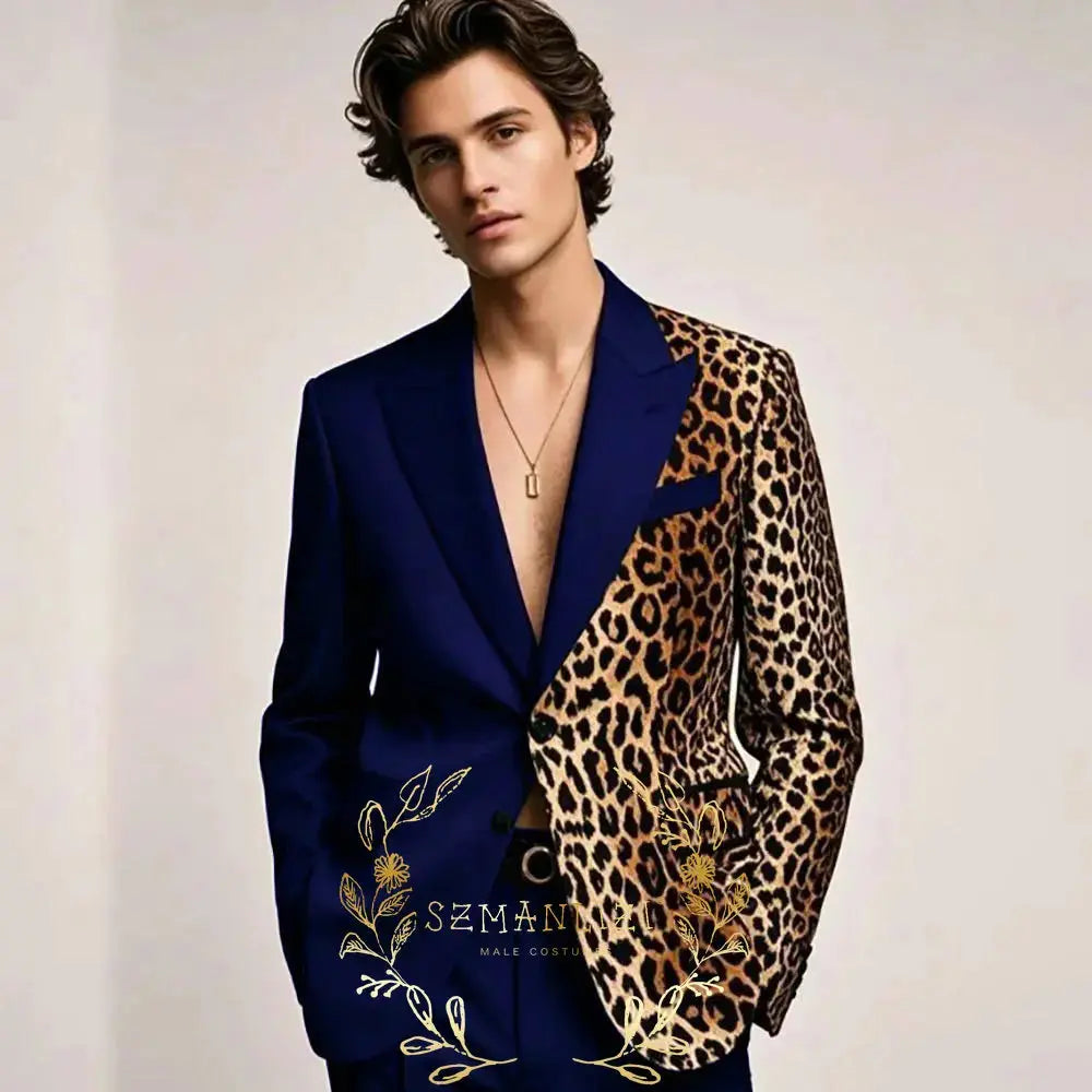 Fashion-forward men's tuxedo with leopard print detail and sleek black fabric