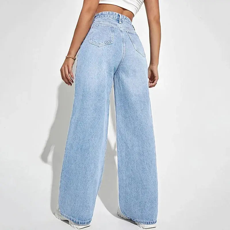 Close-up of high-waist denim showcasing premium cotton-polyester blend fabric.