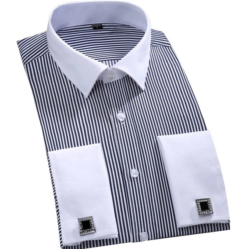 Executive style French cuff shirt with turn-down collar and single-breasted front closure