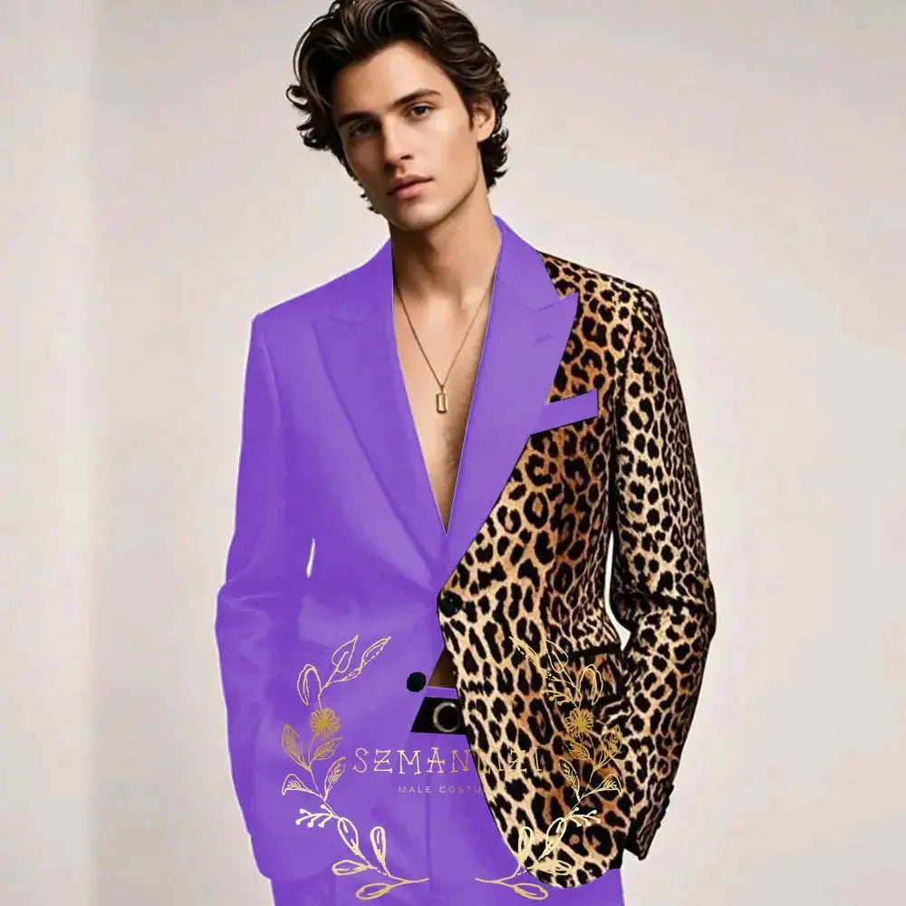 Contemporary black tuxedo with animal print lapels and precision tailoring