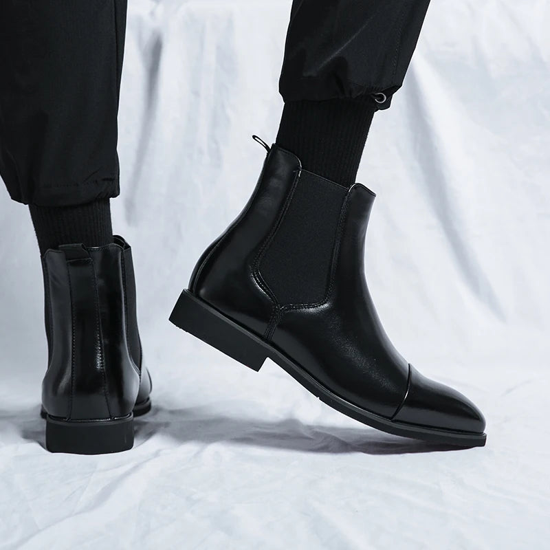 Waterproof slip-on boots styled with chinos for business casual look