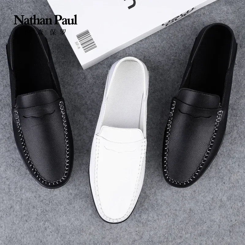Side view of casual men's leather bean shoes with durable rubber outsole