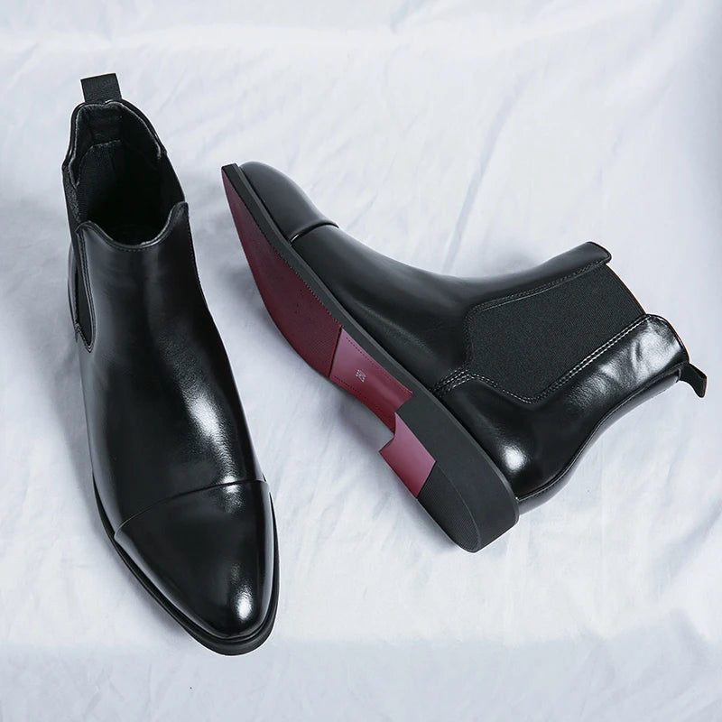Professional red-sole Chelsea boots for men shown from side angle highlighting slip-on construction