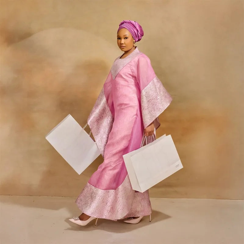 Plus-size friendly jacquard robe set with pullover design and coordinating pink headscarf