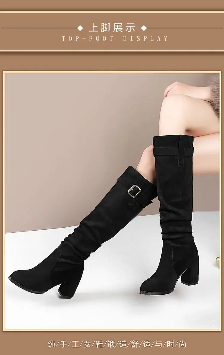 Elegant waterproof suede boots with slip-on convenience and medium square heel