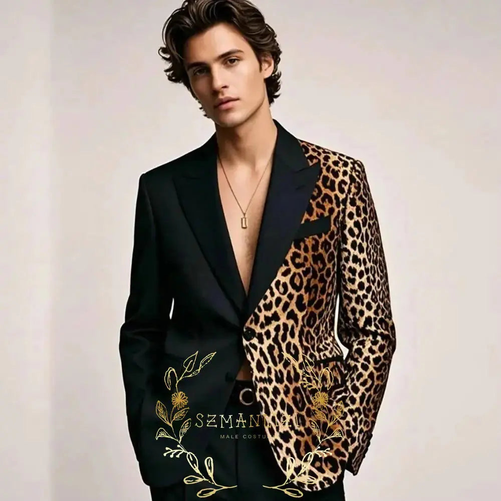 Leopard print tuxedo with peak lapel and slim fit tailoring for men