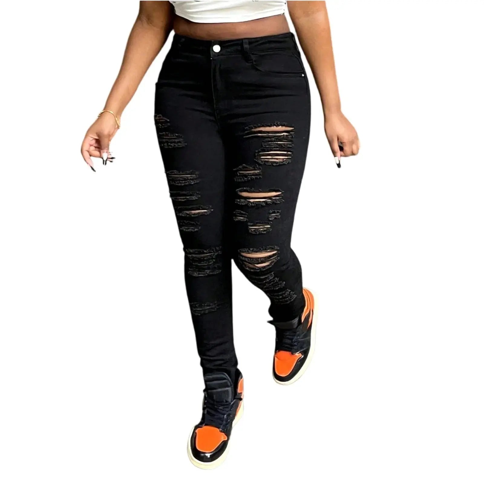 Front view of midnight black high-waisted jeans featuring fashion-forward rips and flattering silhouette