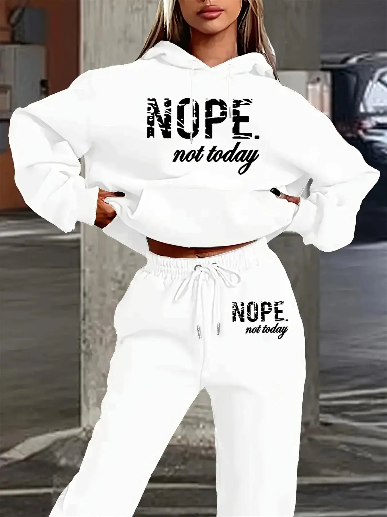 NOPE Not Today black hoodie and pants loungewear set with bold white letter graphics on neutral background
