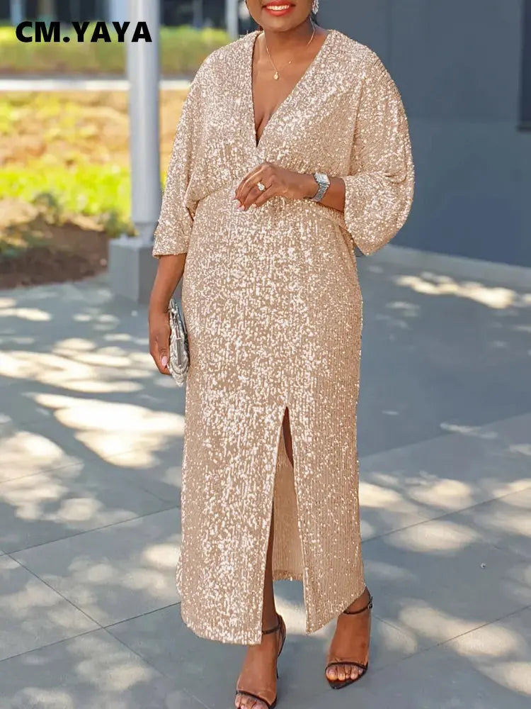 Captivate the Night sequined gown in black with dramatic side split and V-neck design.