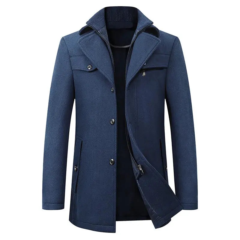 Sleek cashmere blend coat in charcoal gray, tailored fit for professional appearance.
