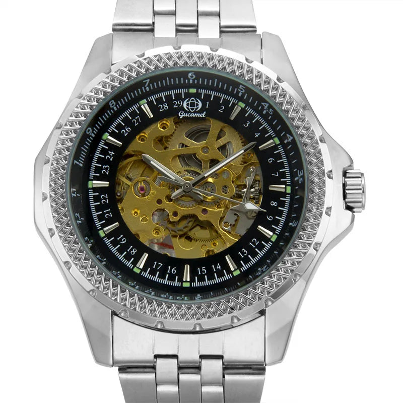 Men's luxury watch with a striking skeleton face and durable mineral-reinforced glass.