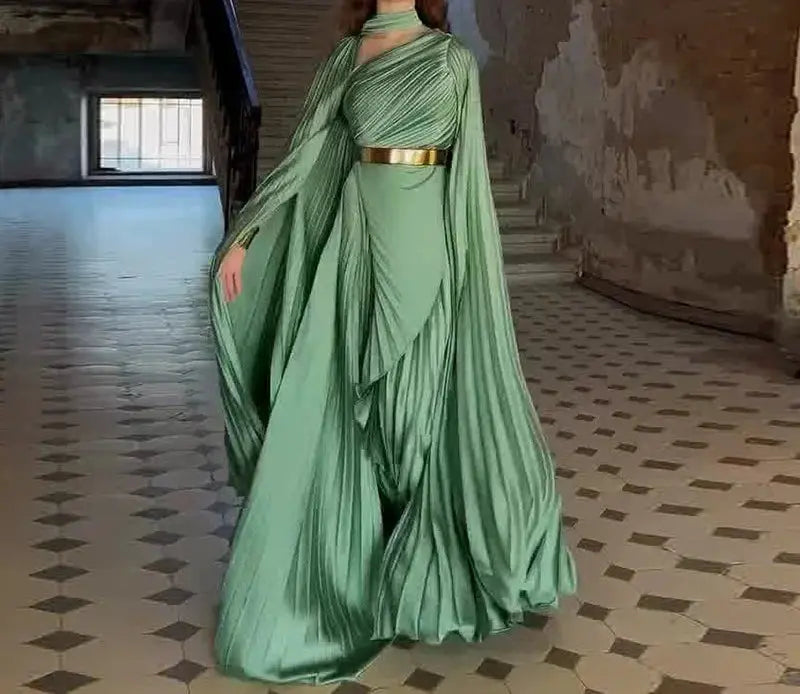 Model posing in Twilight Cascade gown, showcasing its comfort and stylish pullover design.