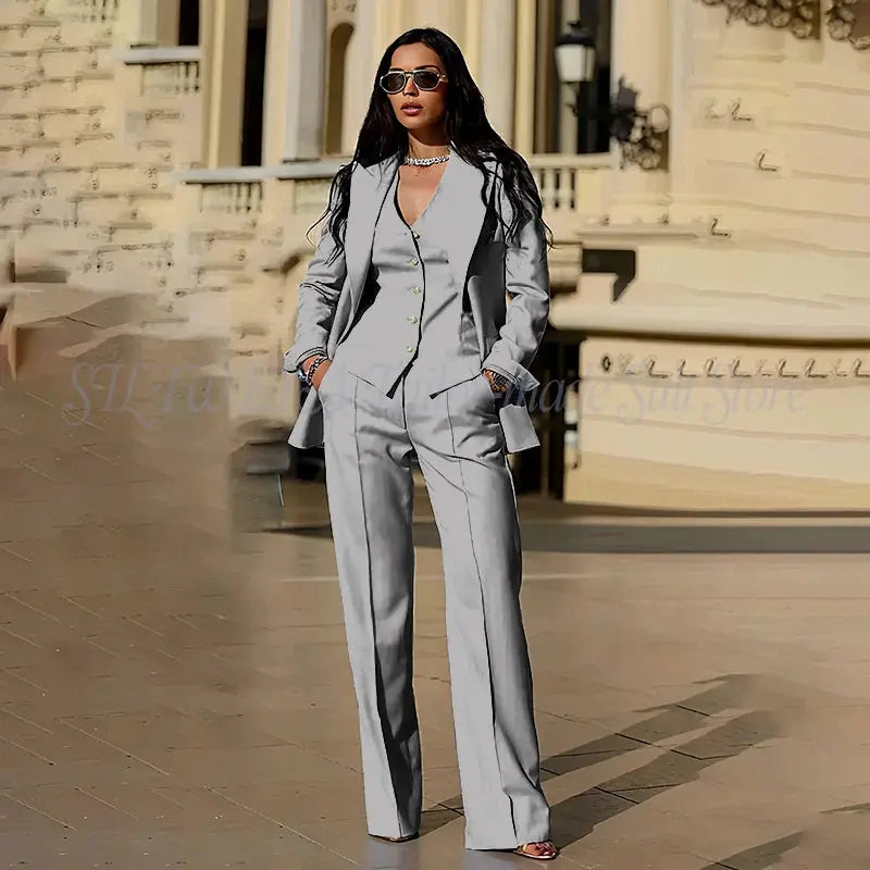 Model showcasing the versatility of the suit pieces.