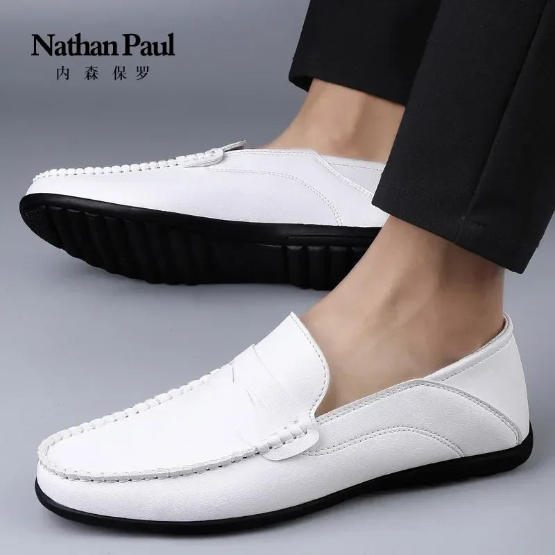 Close-up of buttery soft leather bean shoe showing expert stitching and sleek design