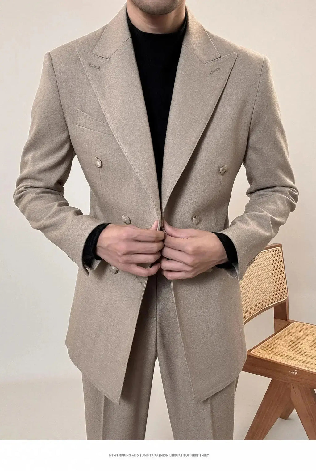 Full view of the men's power suit, perfect for boardroom attire or evening wear.