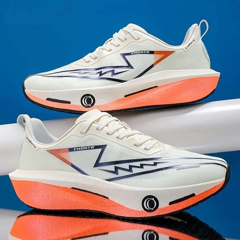 Side view of breathable running shoes showing ventilated fabric construction and shock-absorbing outsole