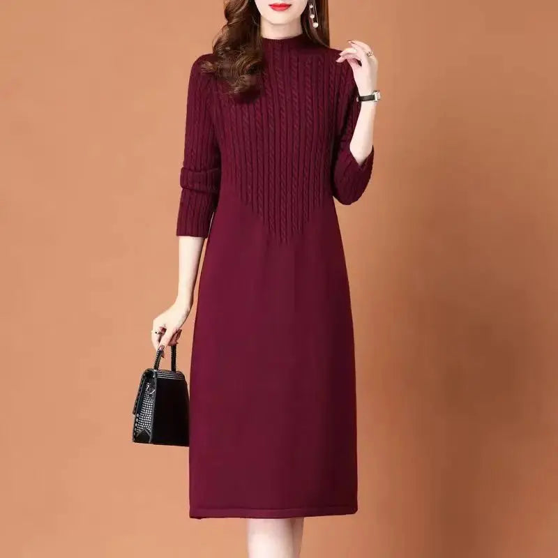 Rich wine red Cozy Elegance Knit Dress showcasing a luxurious wool blend for warmth and elegance.