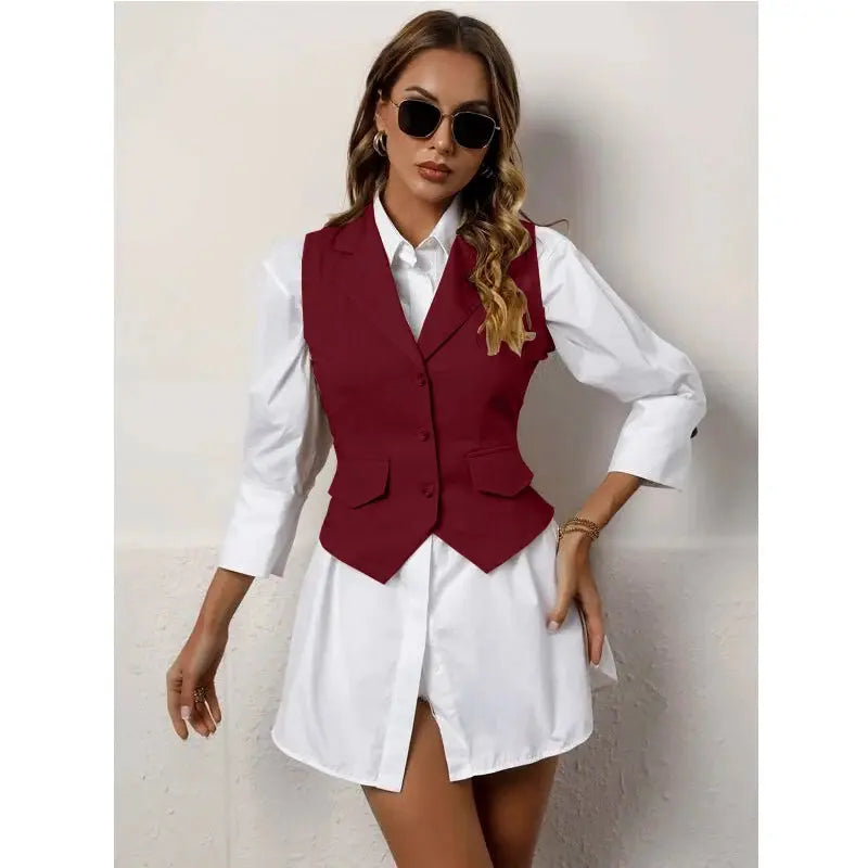 Model pairing the tailored vest with a blouse, showcasing a sophisticated office look.