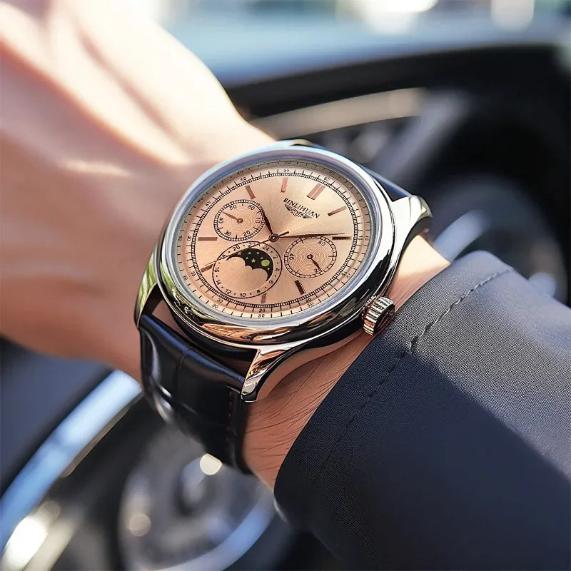 Timeless Precision watch displayed on a wooden surface, emphasizing luxury.