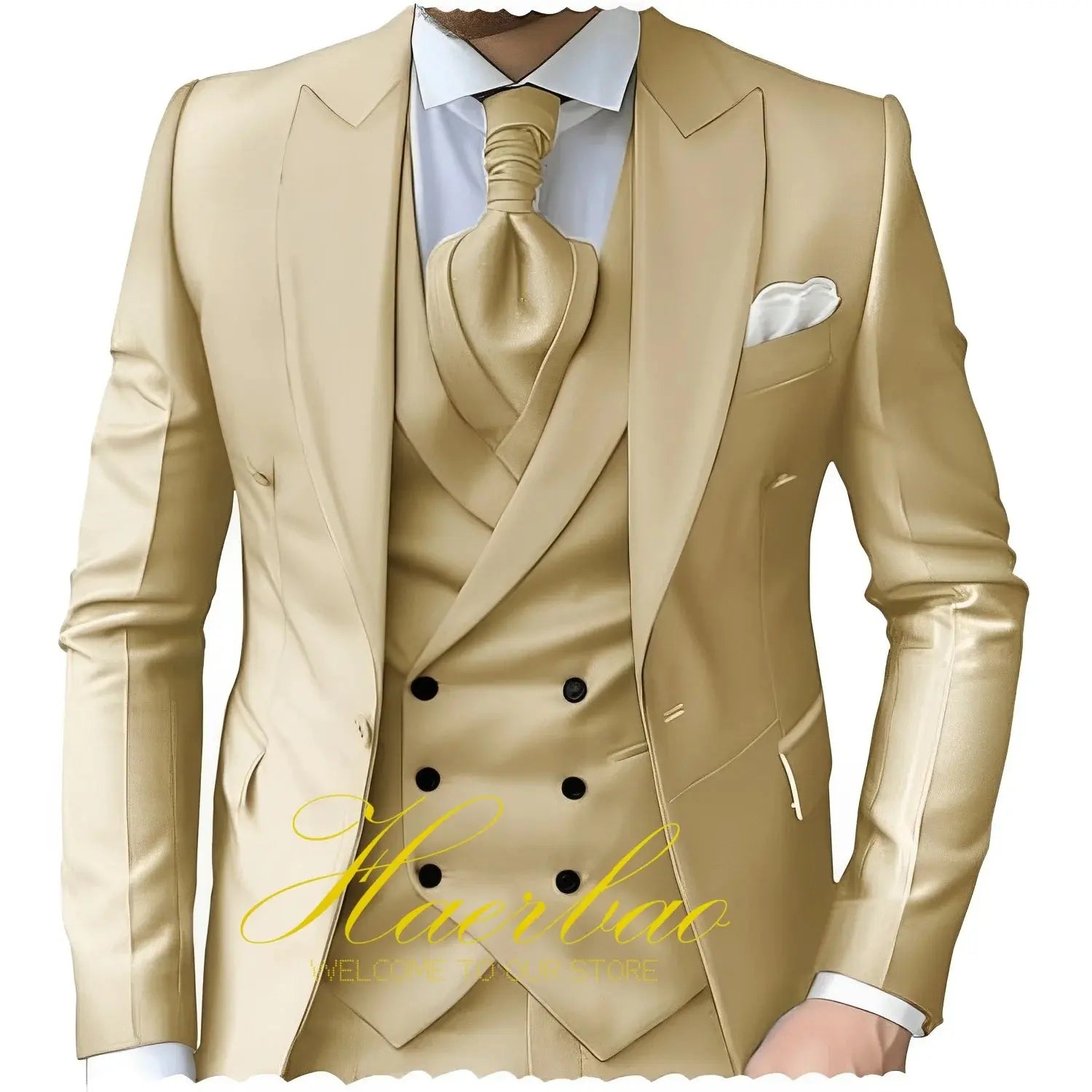 Peak lapel three-piece suit in navy, crafted from polyester, spandex, and viscose blend.