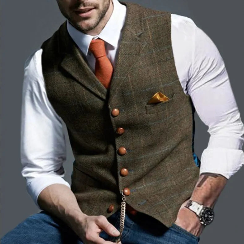 Tweed vest in a rich color, perfect for year-round wear.
