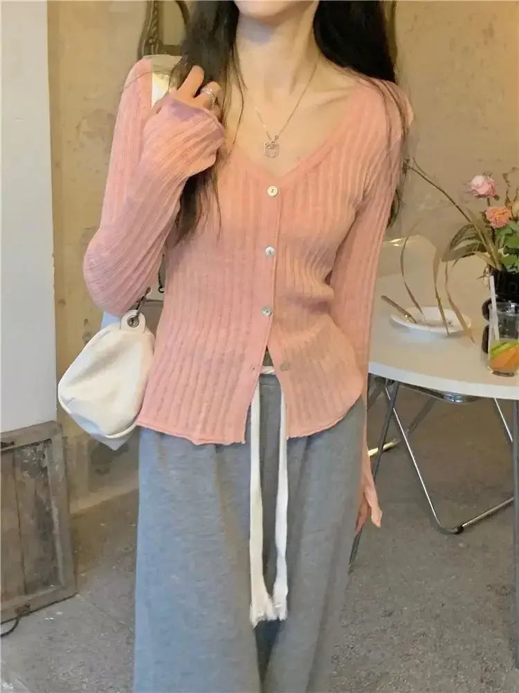 Autumn Whisper V-Neck Cardigan in soft knit blend, perfect for fall layering.