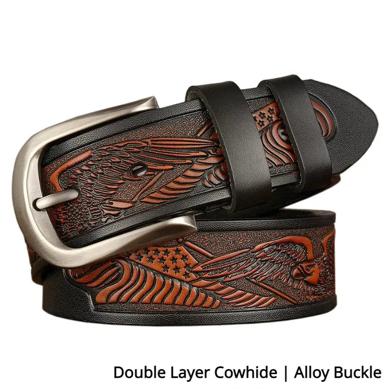 Sleek black leather belt with alloy buckle, crafted from high-grade cowhide.