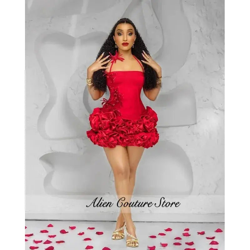 Red floral cocktail dress with 3D flower accents and halter sweetheart neckline.