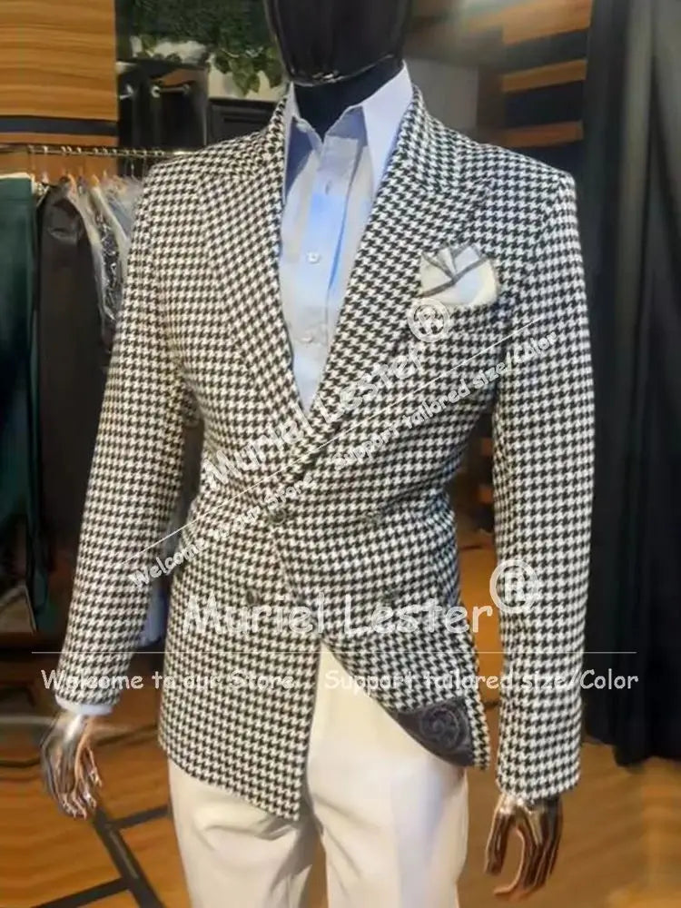 Model wearing the tailored houndstooth ensemble, highlighting exceptional comfort and a flawless silhouette.