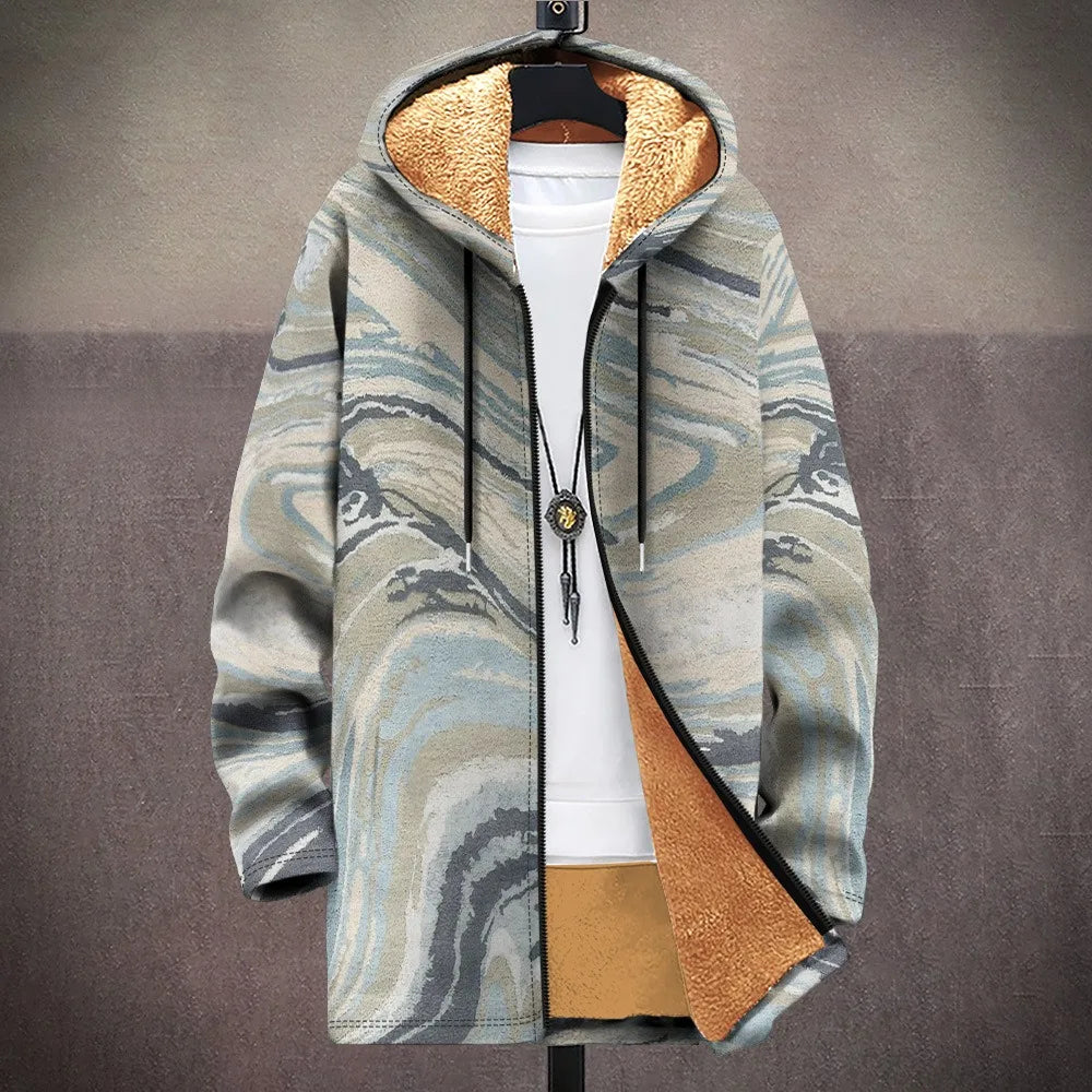 Hooded winter puffer jacket featuring bold artistic prints and soft interior lining