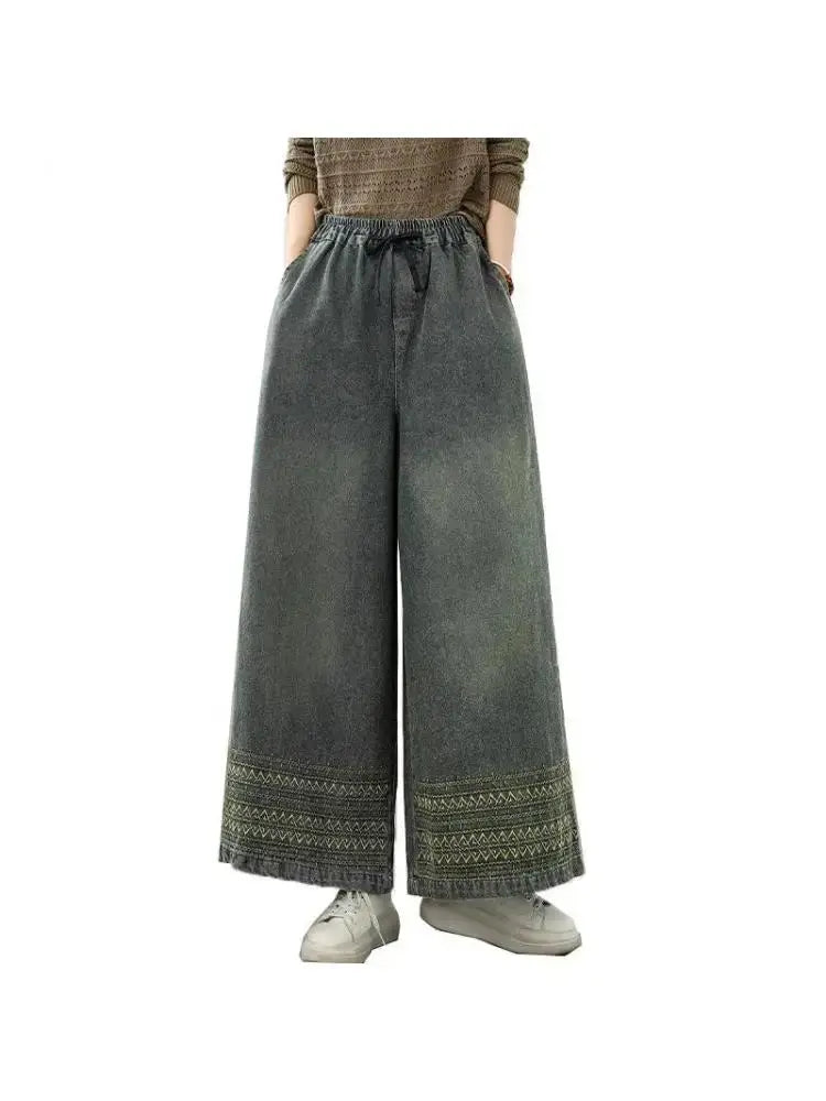 Flowing wide-leg style of Bohemian Rhapsody Denim in natural light.
