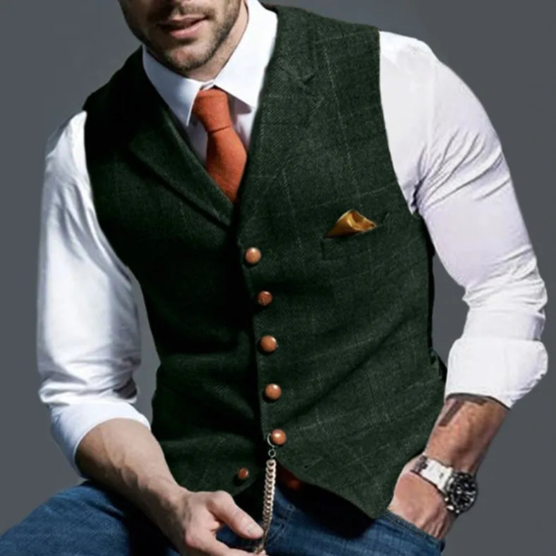 Front view of the slim-fit tweed vest, emphasizing its sophisticated design.