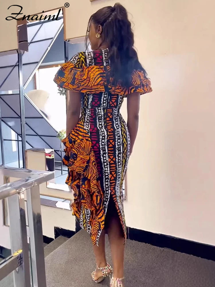 African Festival Print Ruffles Bodycon Midi Dress