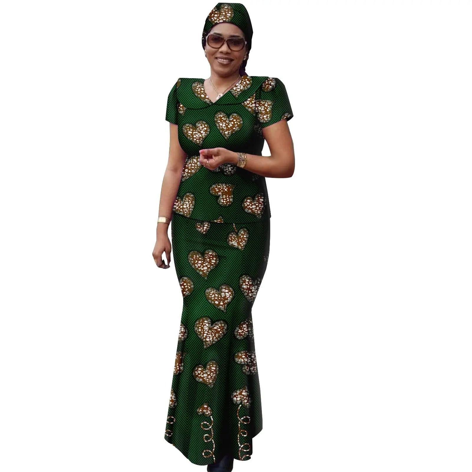 African Women Ankara Print Doll Collar Top, Skirt & Headscarf 3-Piece Set