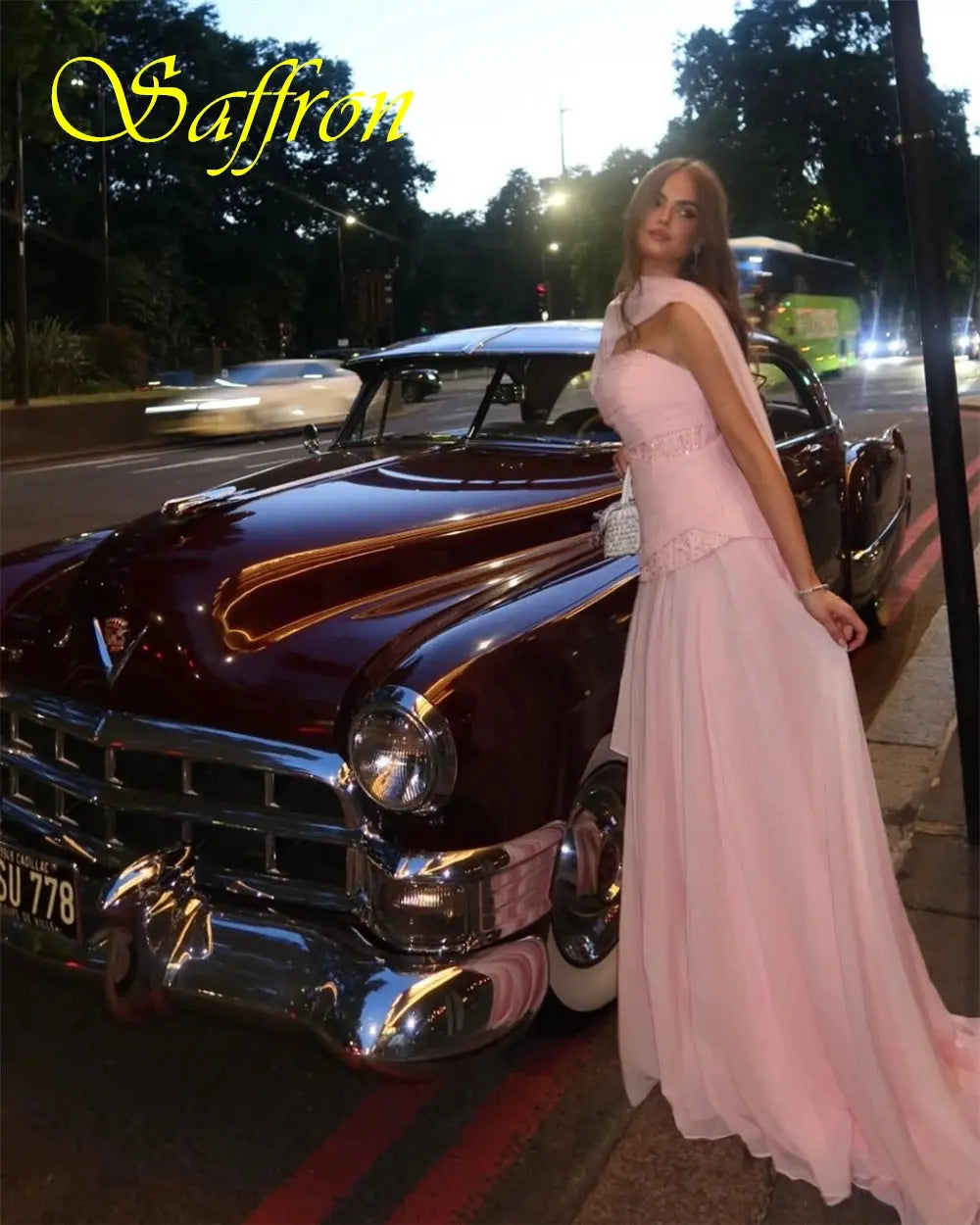 Elegant strapless design of the evening gown perfect for formal events.