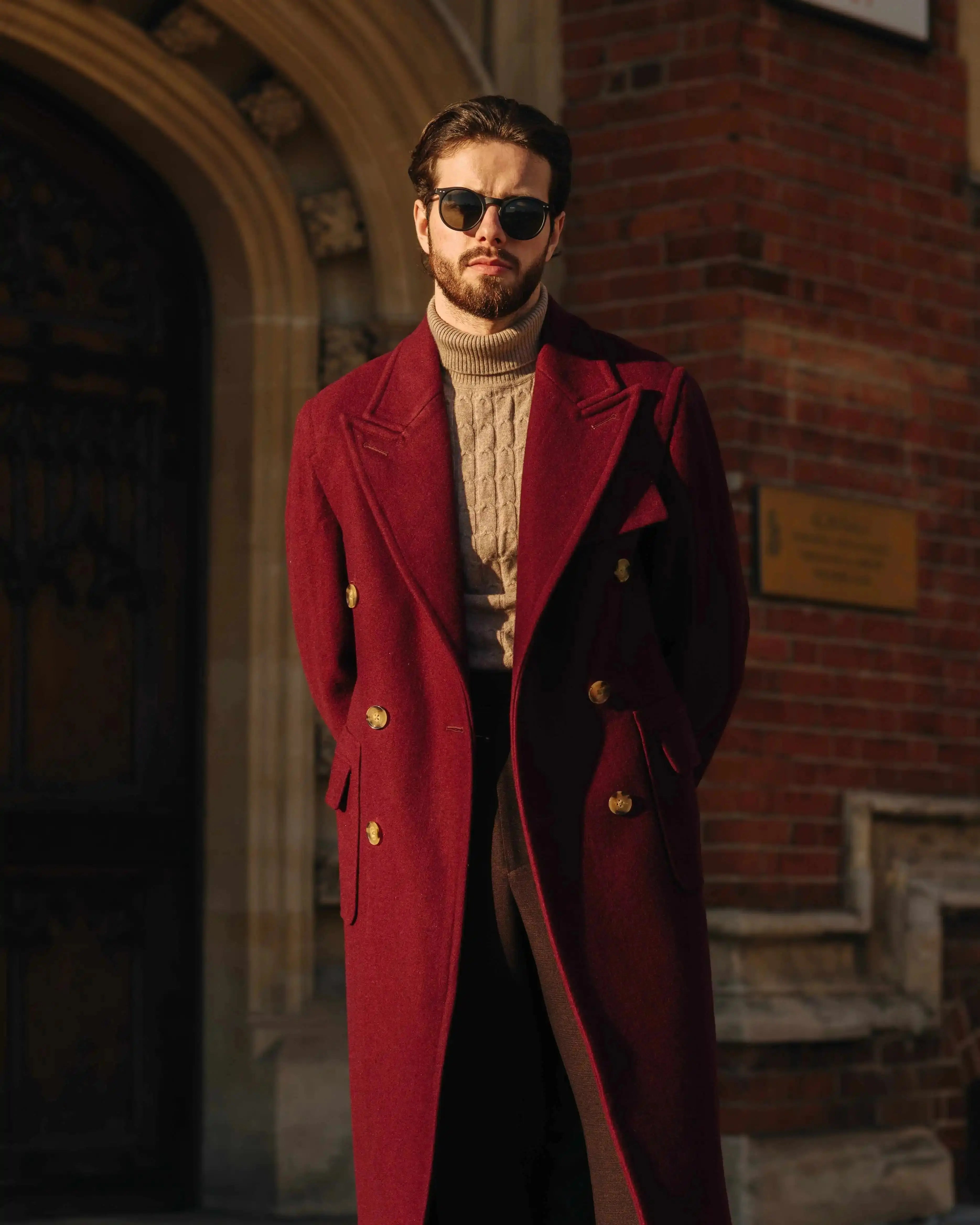Model wearing the Command the Room Wool Overcoat, exuding confidence and elegance at a social event.
