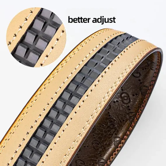 Automatic buckle leather belt featuring a simple slide mechanism for a custom fit.