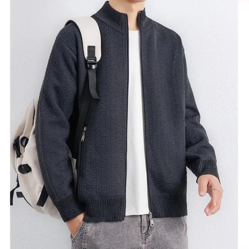 Detail shot of the stand collar on the Winter's Embrace cardigan, perfect for versatile winter styling.