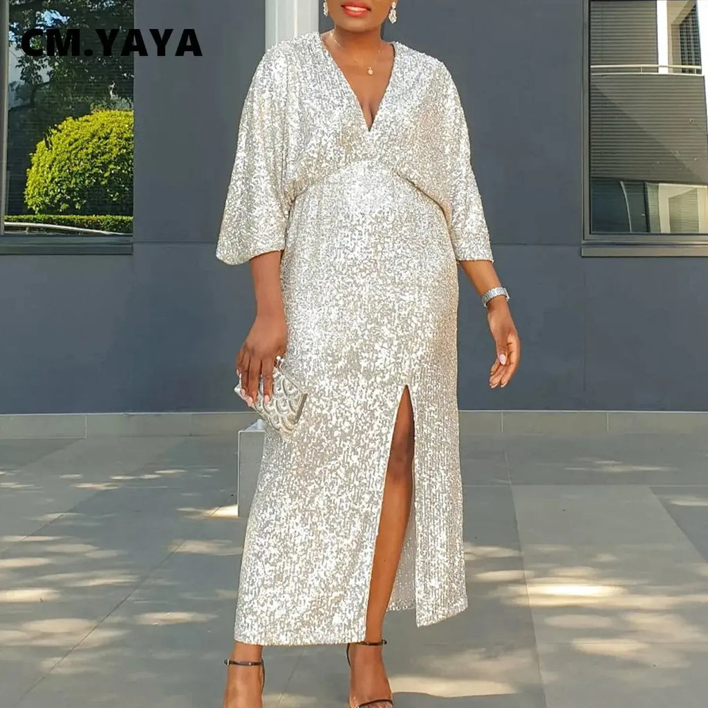 Close-up of shimmering sequins on the Captivate the Night gown, showcasing luxurious fabric.