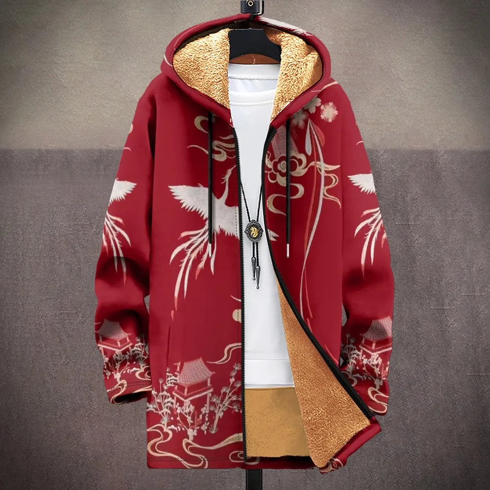 Stylish hooded puffer jacket with eye-catching abstract patterns and plush polyester fabric
