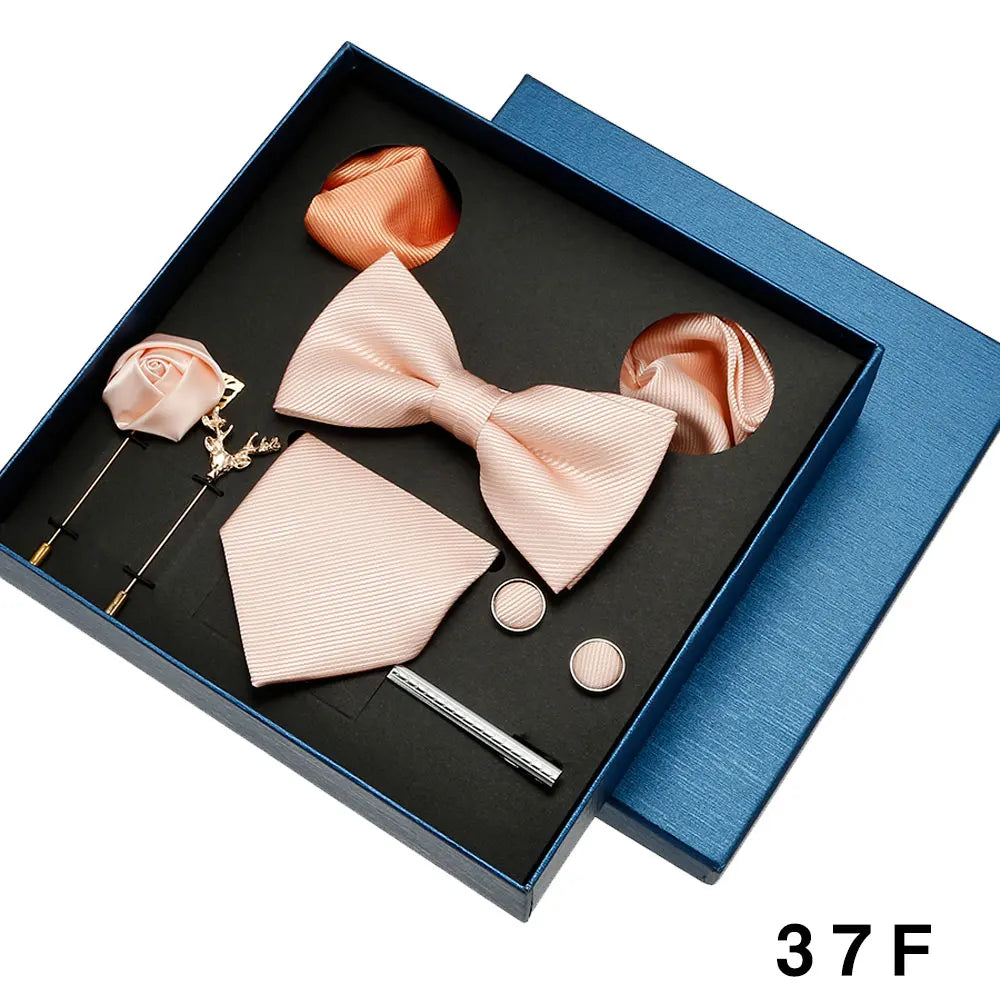 Complete silk-touch tie set with coordinating bowtie and pocket square for men