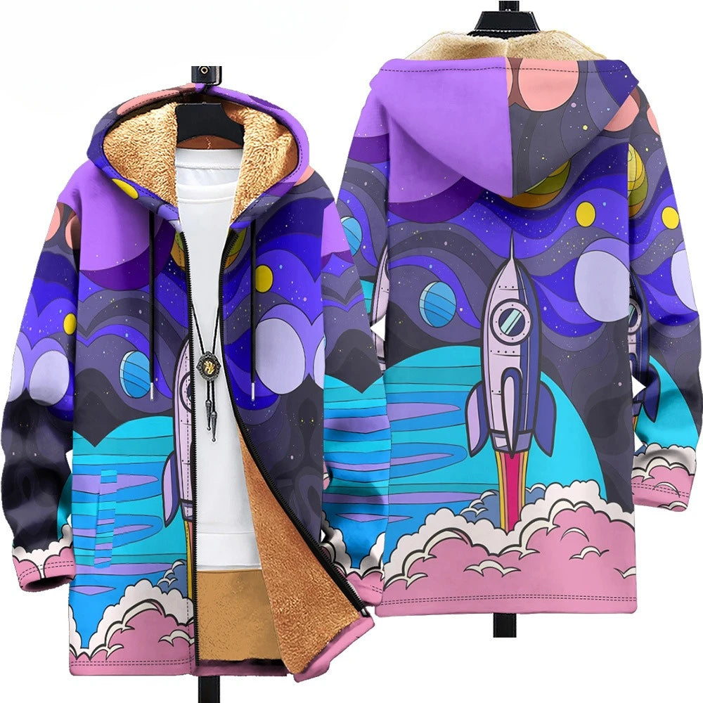 Art-print winter jacket with hooded design and cozy polyester for cold days